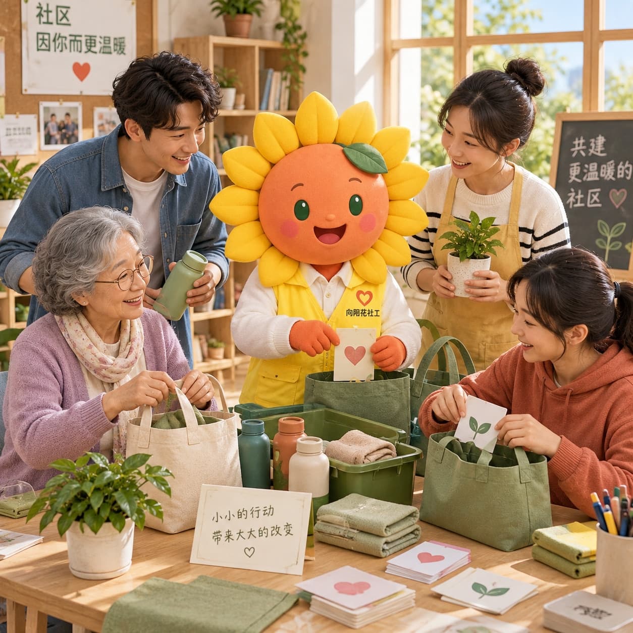 小向与中国社会工作者、志愿者共同协作