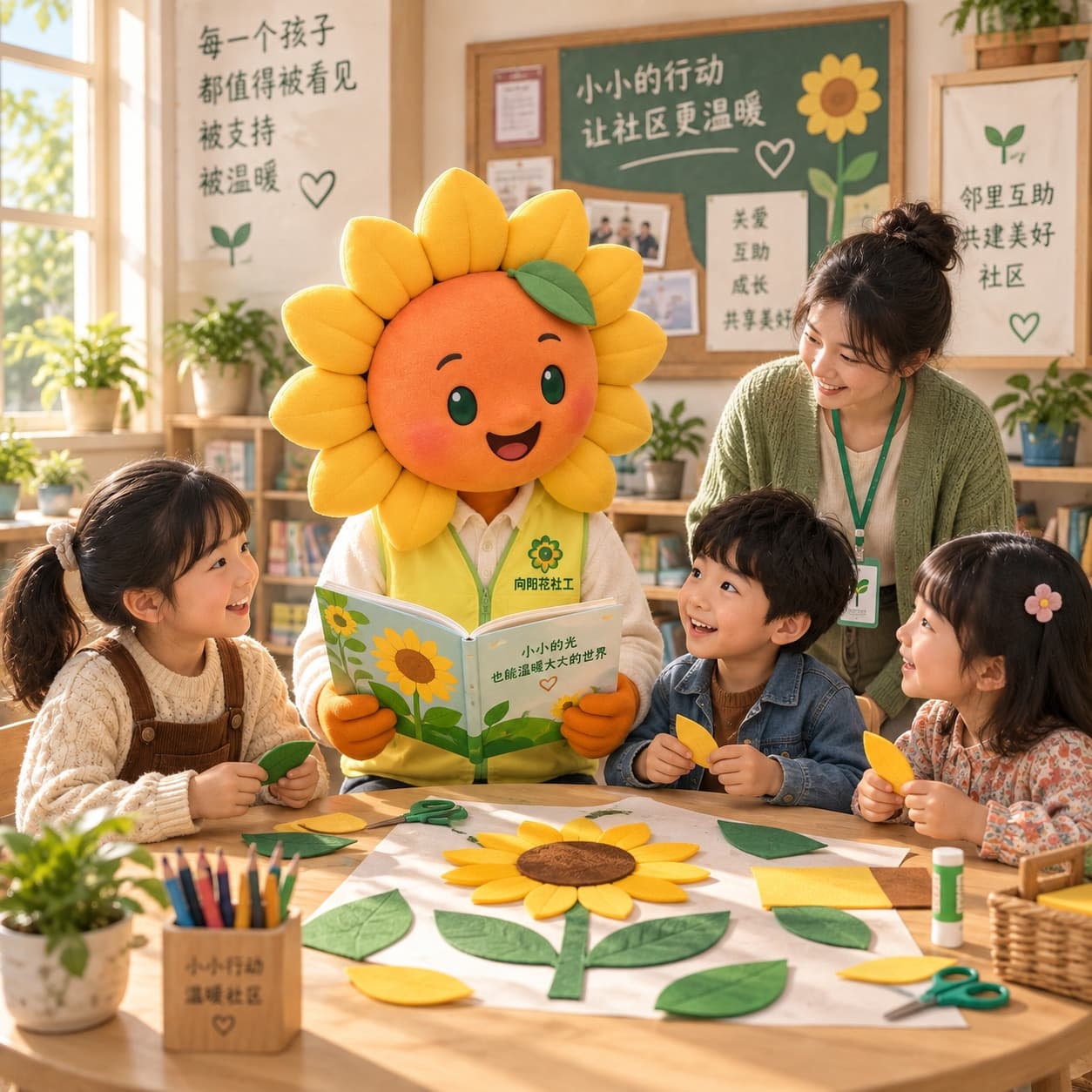 小向与中国儿童阅读绘本并共同制作向日葵拼贴